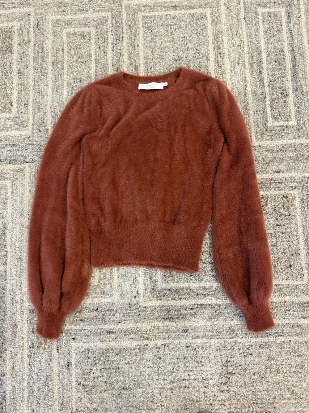 Astr Rust Fuzzy Crewneck Sweater with Balloon Sleeves